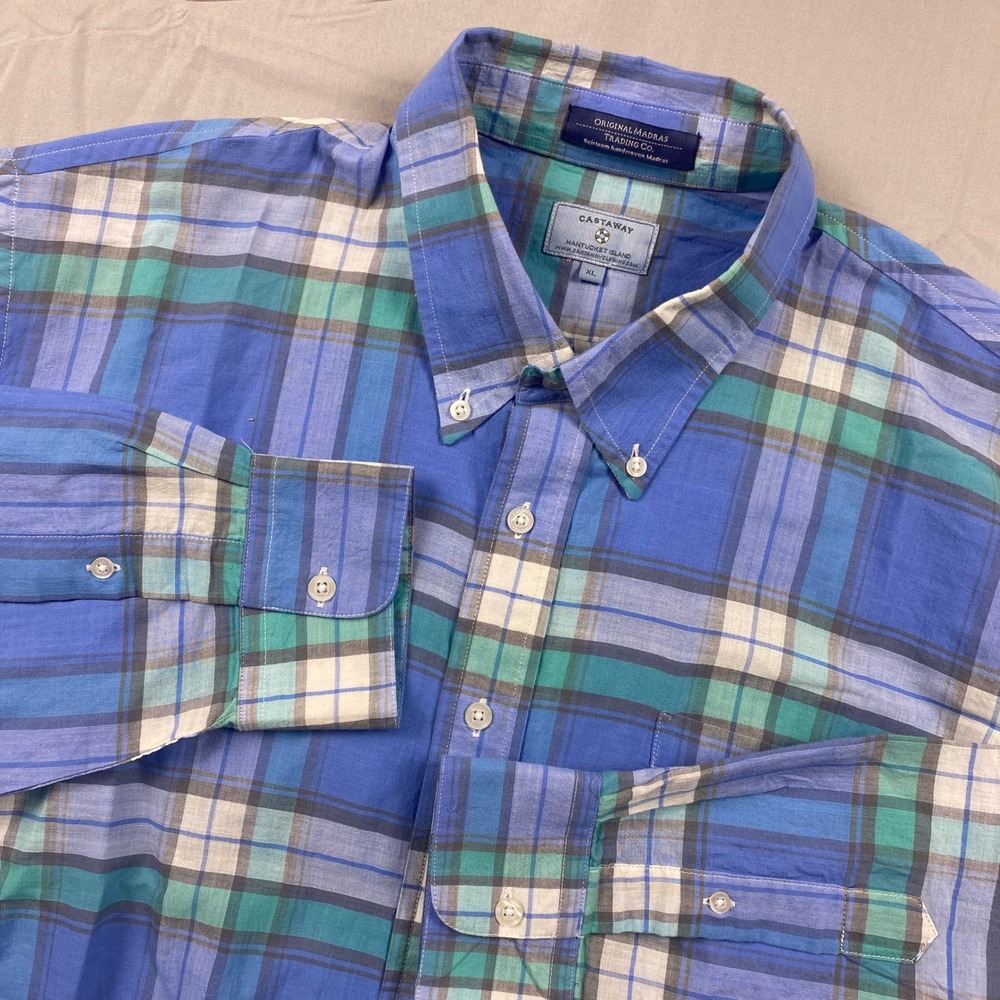 Original Madras Trading Co Castaway Nantucket Plaid Button Shirt Mens L Blue